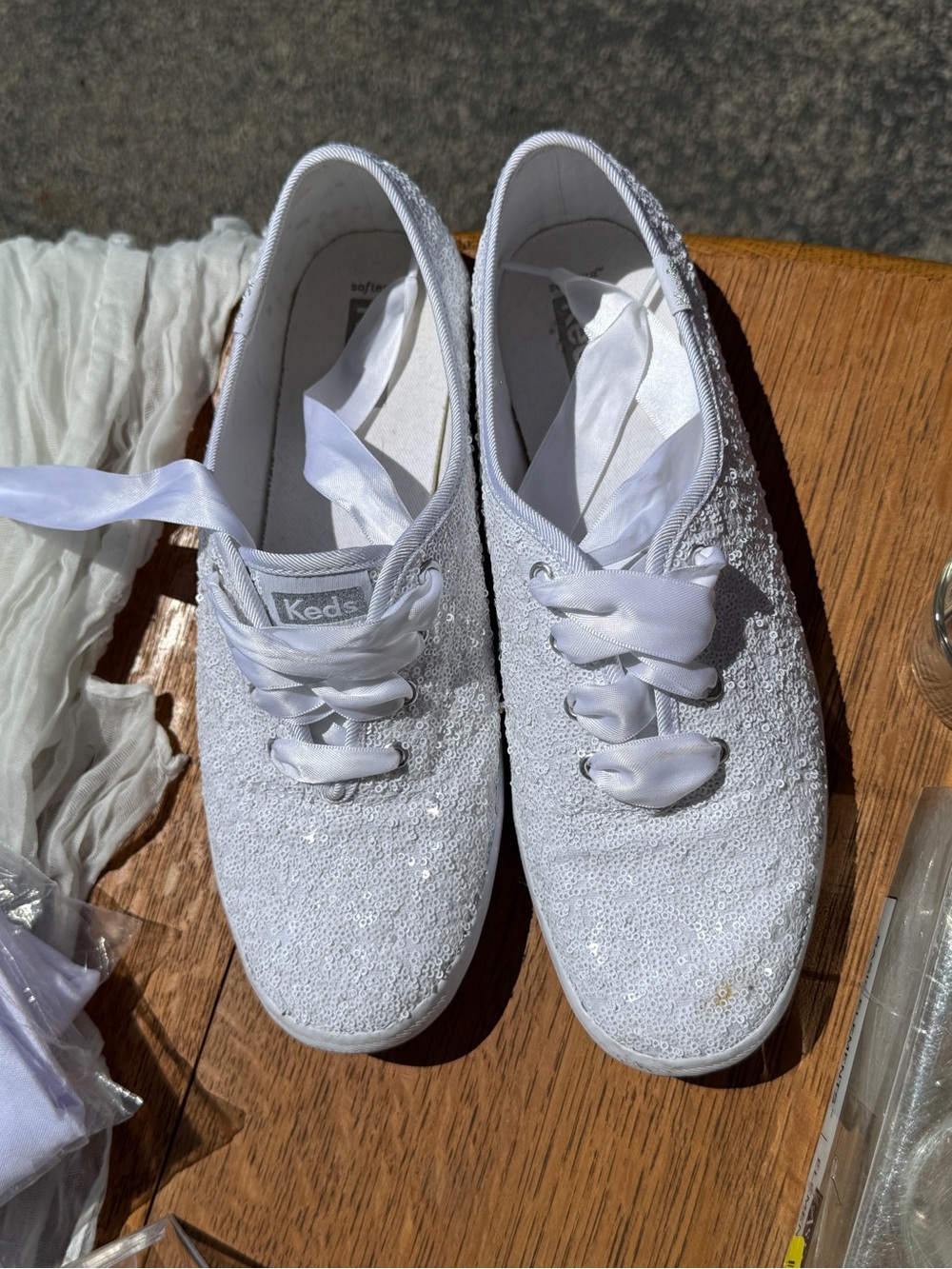 Keds White Glitter Sneakers with Satin Laces